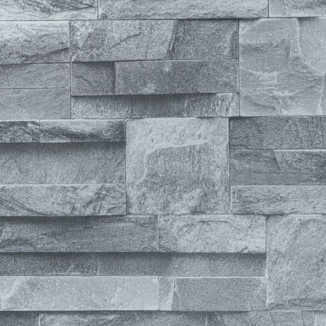 WD Thorn Slate Charcoal Grey Realistic Textured Stone Brick Wall Vinyl Wallpaper (1/5)