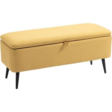 Banquette coffre rembourrée aspect lin, couleur jaune. Dimensions 101x38,5x44,5 cm, charge maximale jusqu’à 150 kg (1/4)