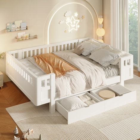 Lit enfant 140x200 avec barrière de सुरक्षा et 2 grands tiroirs, blanc DESVIAE (1/5)