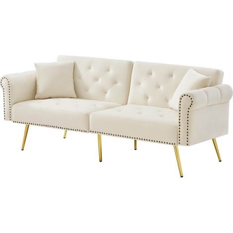 Sofá cama de 2 plazas en terciopelo beige con respaldo regulable en 3 posiciones MODENUIT (1/5)