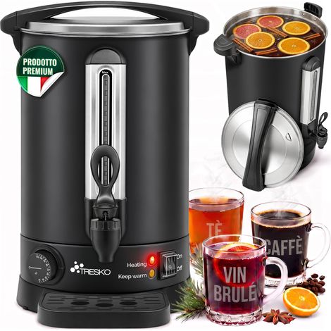 TRESKO Bollitore per vin brulé nero 10L / 1500W macchina per la conservazione in acciaio inox bollitore per vin brulé macchina per vin brulé macchina per bevande calde distributore di acqua calda