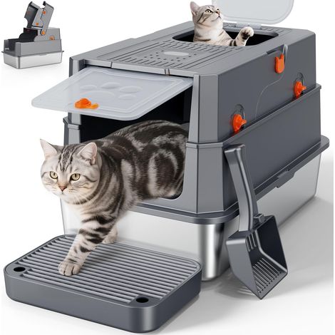 Bac à Litière en Acier Inoxydable XXL avec Couvercle, Toilette pour Chat en Acier Inoxydable à Deux Portes, Bac Fermé avec Pelle, Facile à Nettoyer, Convient pour Chats de Grande Taille (1/5)