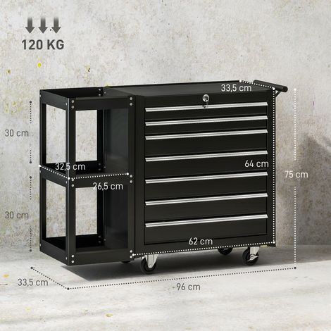 Werkstattwagen Werkzeugwagen mit 7 Schubladen abnehmbar Seitenregal 4 Rollen mit Feststellbremse, 96x33,5x75cm, Schwarz (1/5)