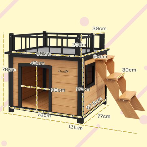 Niche pour chien avec terrasse sur le toit, résistante aux intempéries, en bois, 121 x 77 x 78 cm, noir et jaune. (1/5)