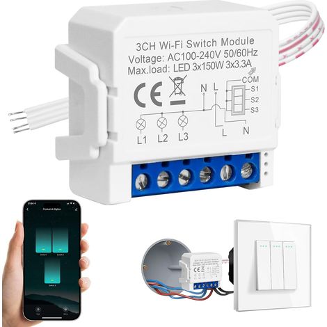 Interrupteur d'éclairage 3 voies WiFi Smart Home commande vocale minuterie mini Smart Switch (1/5)