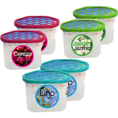 Lot de 6 déshumidificateurs absorbeurs d'Humidité parfumés, Lin,Cerise et jasmin (2 lin, 2 cerise , 2 jasmin), capacité 650 ml (1/5)