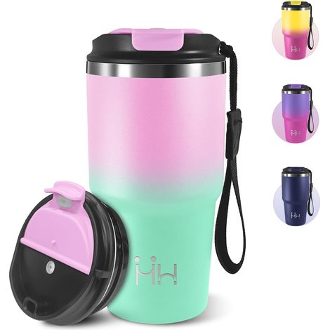 Mug Isotherme Cafe, 600 ml, Tasse à Café Isotherme avec Couvercle, 304 Acier Inoxydable, Réutilisable Tasse de Voiture avec Couvercle, Idéal pour Déplacements Quotidiens - Rose clair (1/5)