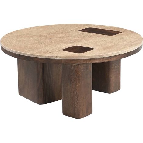 Table basse ronde en bois de manguier et travertin Carola (1/5)