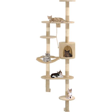 Arbre à chat griffoir grattoir niche jouet animaux peluché en sisal montage mural 194 cm beige