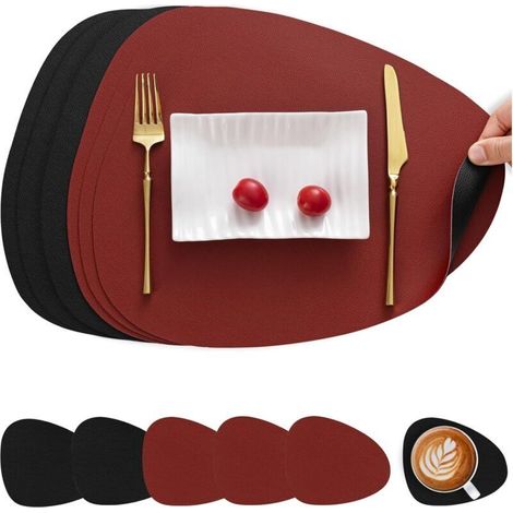 Sets de table et dessous de verre en cuir, double face, antidérapants, lavables et imperméables (rouge et noir, lot de 6) (1/5)