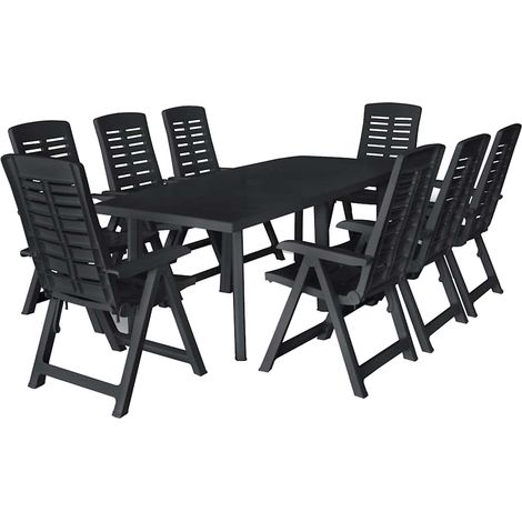 Ensemble repas extérieur 9 pièces en plastique anthracite, table 216 x 90 x 72 cm - PANGIVO (1/5)