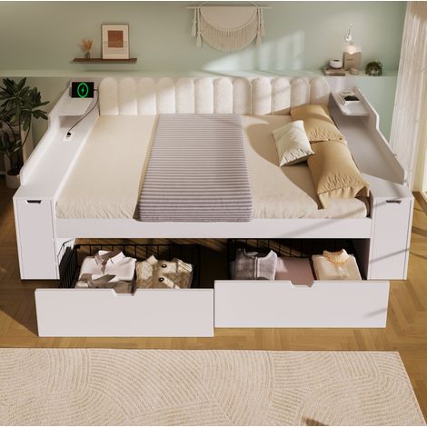MODFU – Letto a panca per adulti 140x190 cm in MDF con USB, Type-C, 2 cassetti, vani contenitore e carico 300 kg – Bianco (1/5)