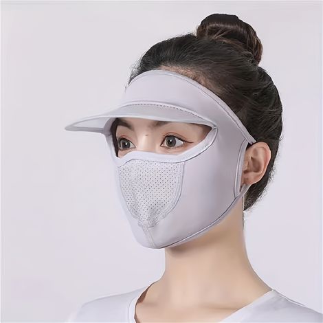 Masque facial avec visière pour femmes, tissu en fibre soyeuse ice pour l'été, protection solaire fine et respirante, couverture faciale complète lavable, toutes saisons, gris (1/5)