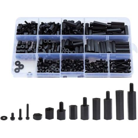Assortiment de 320 écrous hexagonaux M2 mâles et femelles en nylon (noir) (1/5)