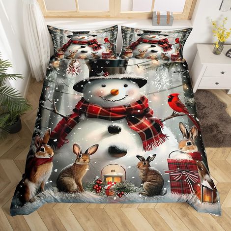 Bonne Année Literie Set Joyeux Noël Housse de Couette 140x200 Garçons Filles Enfants Bonhomme de Neige Thème d'hiver Parure de Lit Décorations de Noël Couvre Lit Mignon Lapin Literie - 140x200cm + 1 T (1/5)