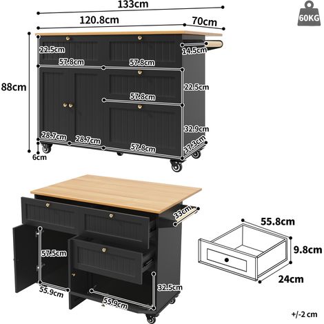Îlot de cuisine moderne, armoire de rangement, buffet en bois, table à manger multifonctionnelle avec espace de stockage, chariot de service extensible, noir (1/5)