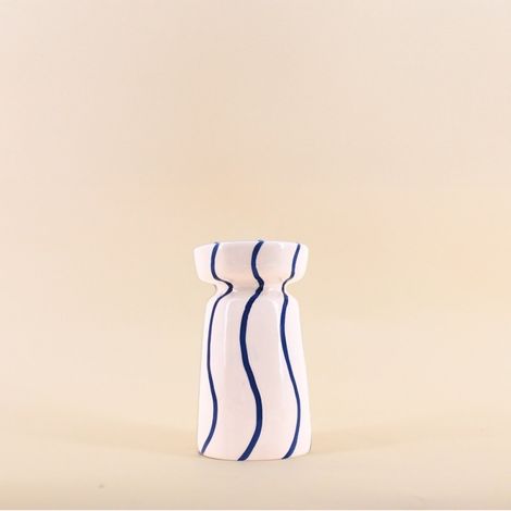 Bougeoir en céramique rayé bleu / blanc 18cm