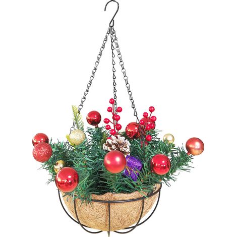 (20 cm runder hängender Weihnachtskorb) Runder hängender Weihnachtskorb aus Schmiedeeisen und Kokosfaser, dekorativer Blumenkorb in Imitation, hängender Weihnachtskorb, Eisen + Kunststoff + Kokosfaser (1/2)