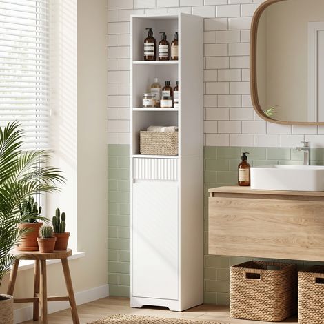 Meuble de salle de bain haut, meuble de rangement avec porte, tiroir, compartiments ouverts, étagère réglable, blanc (1/5)