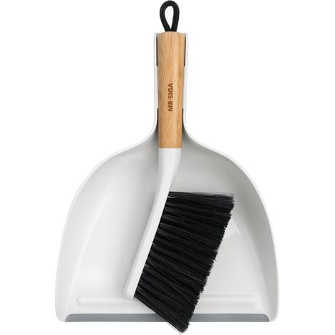 Dustpan and Brush Set, Small Dustpan  Dustpan and Brush with Bamboo Handle, Small Dust-Collecting Mop with Hanging Handle, Pack of 1, White (1/5)