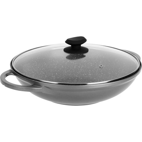 Wok Fonte Aluminium Intérieur effet Pierre Ø 32cm H8 cm - Revêtement anti-adhésif 2 couches sans PFOA, Couvercle Vapeur Verre, Poignées Fonte d'Aluminium - Tous feux dont induction (1/5)