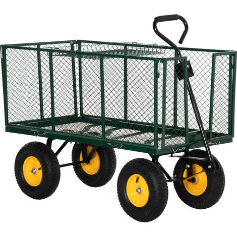 Large 4 Wheel Heavy Duty Garden Cart Truck Trolley Wheelbarrow with Handle and Metal Frame - Green