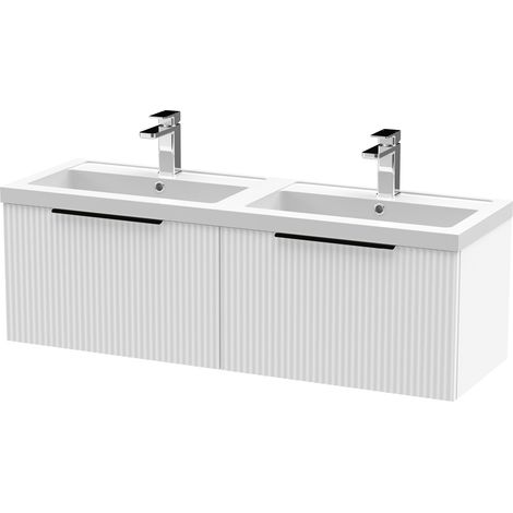 Fluted Front Wall Hung 2-Drawer Bathroom Vanity Unit with Double Basin, 1200mm, Satin White, Black Handles