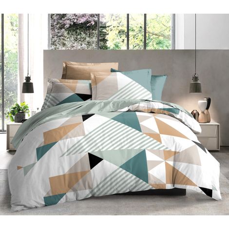 Parure de draps 4P "Louna" lit 160 x 200 Geo Turquoise Coton Pur
