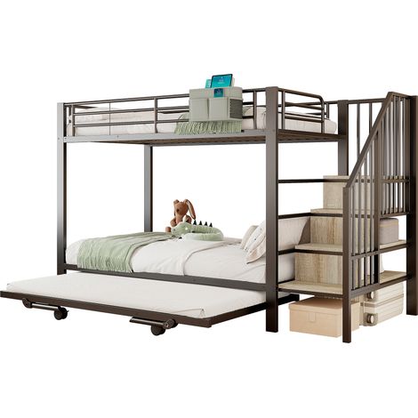 Lit superposé, 90 x 200 cm, 180 x 200 cm, cadre en fer, design multifonctionnel avec lit gigogne, poche en tissu, escaliers avec rangement, sans matelas, noir