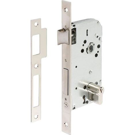 Serrure à encastrer pour portes bois, axe 40 mm, finition inox, têtière carrée, pêne réversible (1/3)