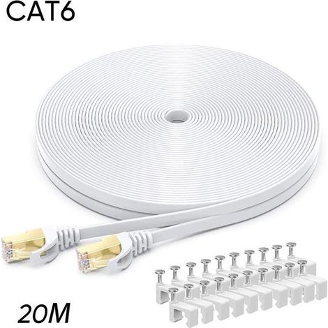 Câble Ethernet 20m Cat6 - Rj45 Plat 1000 Mbit/s Câble Internet pour Routeur Switch PC Portable Smart TV (Blanc)