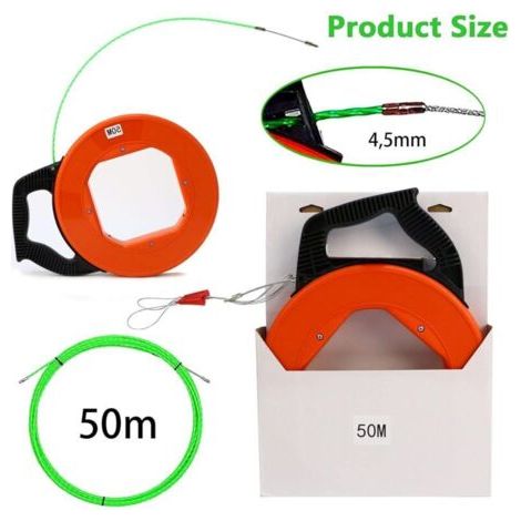 NALOOKAMIC Aiguille Electricien, 50m 4,5mm Tire Fil en Acier Tire Fils Electrique Tire Cable Electrique Tire Fils Electricien Aiguille Baguette Tire Fil Electricien avec 2 Ressorts de Guidage