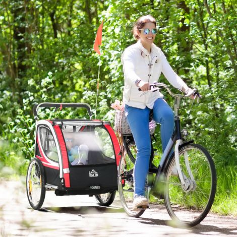 Remorque vélo enfant 2 en 1, fonction jogging, housse imperméable, cadre en acier, rouge et noir, 142 x 75 x 101 cm (1/5)