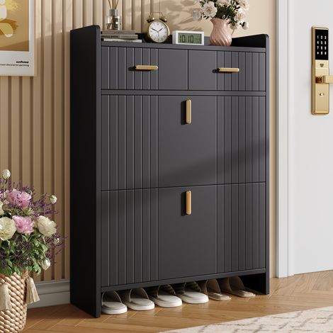 Scarpiera stretta a ribalta, 2 cassetti, nero 75 x 24 x 108,5 cm DESVIAE (1/5)