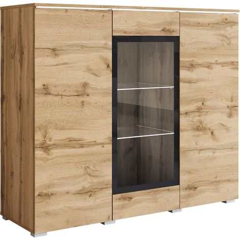 Mobilier1 – Buffet Sarasota 186 – Chêne wotan – 104x40cm – Stratifié et verre trempé – Éclairage LED – Mécanisme push to open (1/5)
