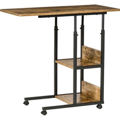 Table basse industrielle en C réglable en hauteur, table de chevet design avec 3 étagères et 4 roulettes freinées, marron rustique (1/5)