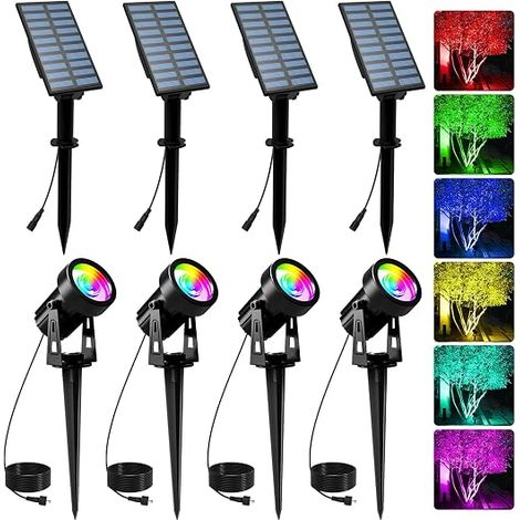 RGB Solar Outdoor Spotlight, Waterproof IP65 Solar Light with 2 Lighting Modes 6 Colours for Garden, Driveway, Yard Path, Pack of 4 (1/5)