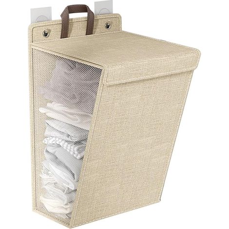 Cesto portabiancheria pieghevole ultra sottile da appendere alla parete con coperchio e maniglia (beige, 36x12x48 cm) (1/5)