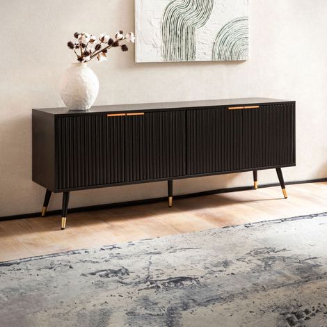 Meuble TV 4 portes 150x39x60 cm noir et doré - FREDZA