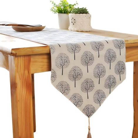 Camino de mesa de lino con diseño de moreras en color beige，30 x 220 cm，blanco，beige (1/5)