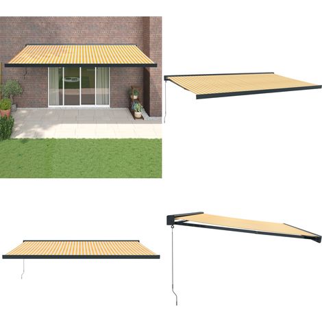 Auvent rétractable jaune et blanc 5x3 m tissu et aluminium - Auvent Retractable - Store Mural - Parasol - Abri Solaire - Protection Uv - Home & Living (1/5)