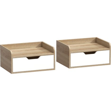 Ensemble de 2 tables de chevet murales avec tiroir et tablette surélevée, 40 x 30 x 19,5 cm, bois naturel (1/5)