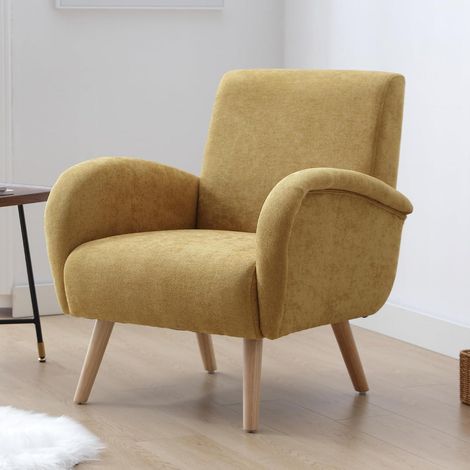 Loungesessel Chenille mit Holzbeinen, Gelb (1/5)