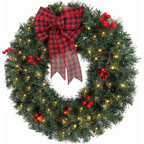 HOMCOM Ghirlanda Natalizia da 60 cm con Luci LED 8 Modalità e Fiocco, Verde (1/5)