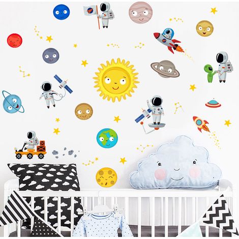 Autocollants muraux planète de dessin animé, autocollants autocollants des neuf planètes, ovnis, astronautes et fusées, autocollants muraux pour chambres d'enfants, 4560 cm