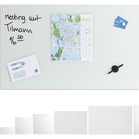 Relaxdays Glass Magnetic Dry Erase Memo Board 100 x 60 cm, Writable, 3 Magnets, Safety Glass Magnet Board, White
