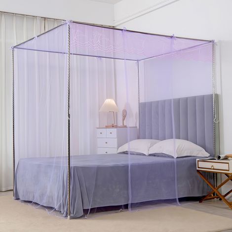 Mosquitera con borde de encaje y estructura (150 x 200 cm) — Mosquitera de protección para dormitorio con soporte de dosel, color morado