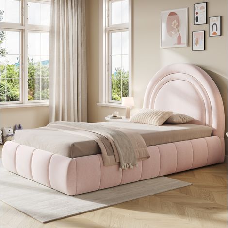 Lit enfant 90x200 cm avec rangement hydraulique et sommier à lattes, tête de lit rembourrée velours rose (1/5)