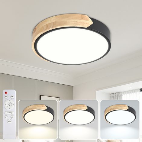 Randaco Lámpara de Techo LED Madera Regulable 48W 30cm Negro con Mando a Distancia 3000K-6000K Plafón Redondo