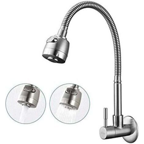 180° drehbarer Küchenhahn zur Wandmontage mit 2 Funktionen, einzelner Kaltwasser-Küchenspültisch-Mischhahn, Wandmontage, gebürstete Oberfläche, Feder-Küchenrohr